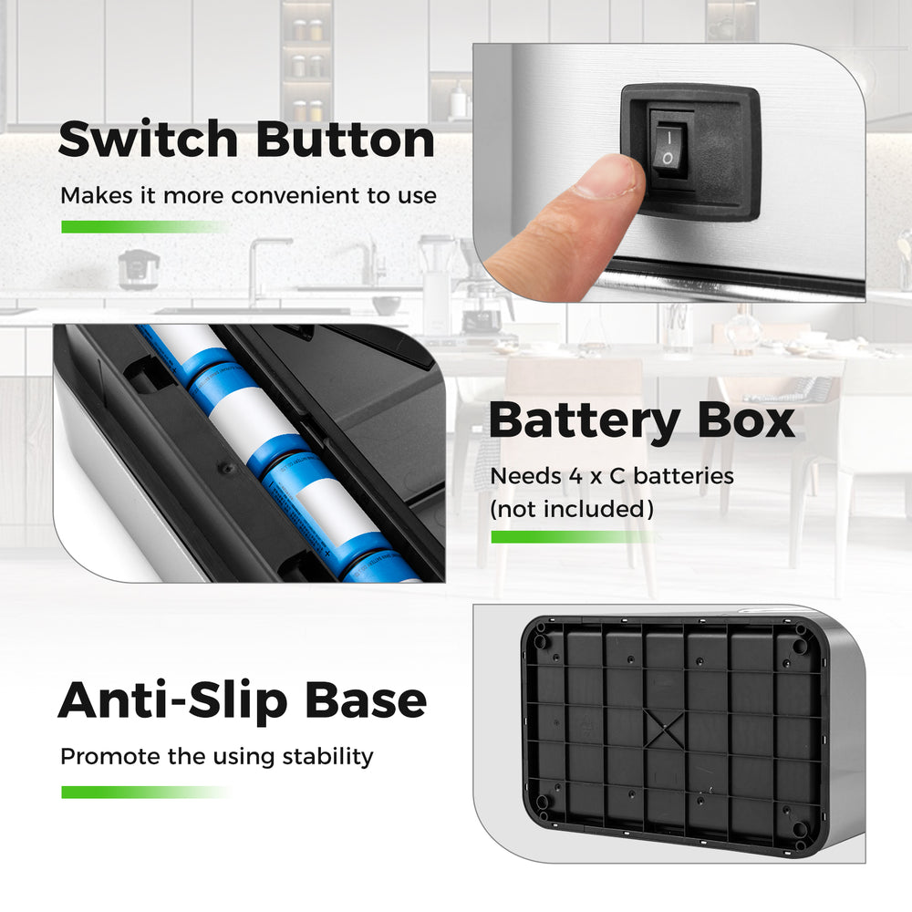 Close-up of the 13.2 Gal slim kitchen trash can's switch button and battery box, featuring stainless steel and.