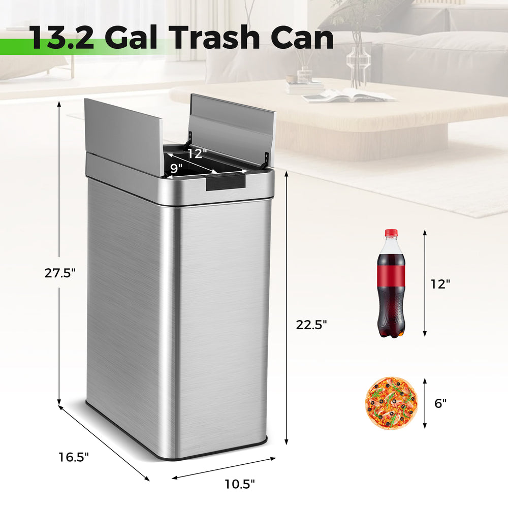 Slim 13.2 Gal kitchen trash can with stainless steel frame and wing lids, designed for space efficiency and odor.