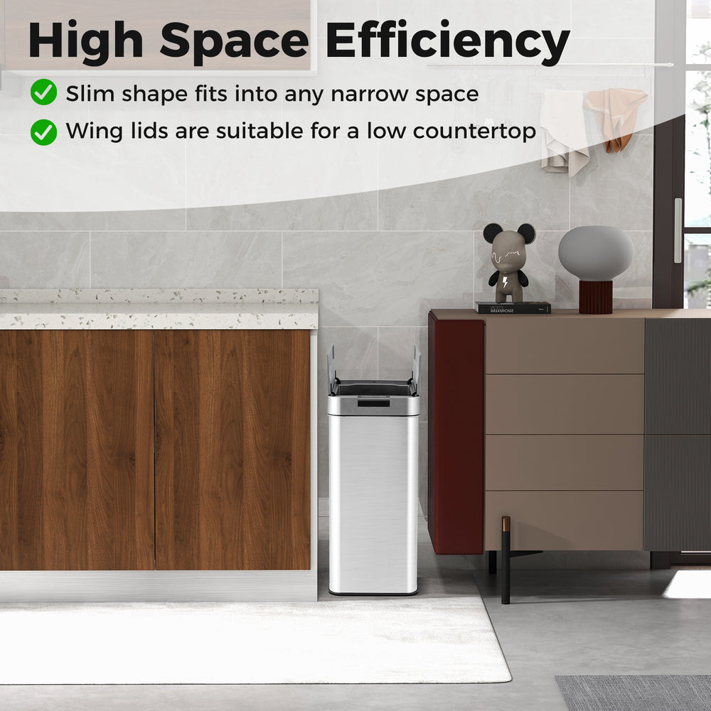 Slim 13.2 Gal kitchen trash can with wing lids in stainless steel, designed for narrow spaces and low countertops.