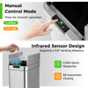 Slim kitchen trash can with stainless steel frame, featuring infrared sensor, manual control, and wing lids for space.