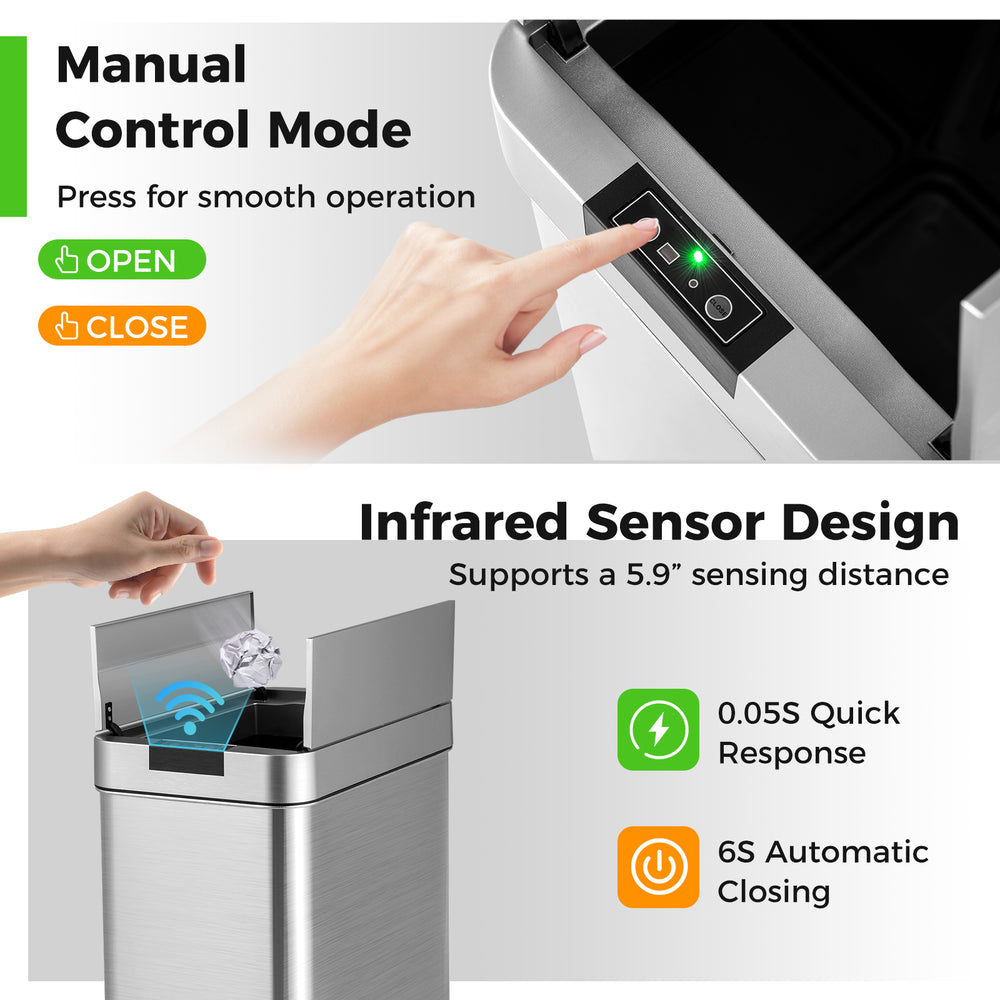 Slim kitchen trash can with stainless steel frame, featuring infrared sensor, manual control, and wing lids for space.