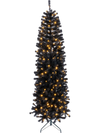 Slim pencil hinged Christmas tree with black leaves, 250 warm white LED lights, and 8 lighting modes for festive displays.