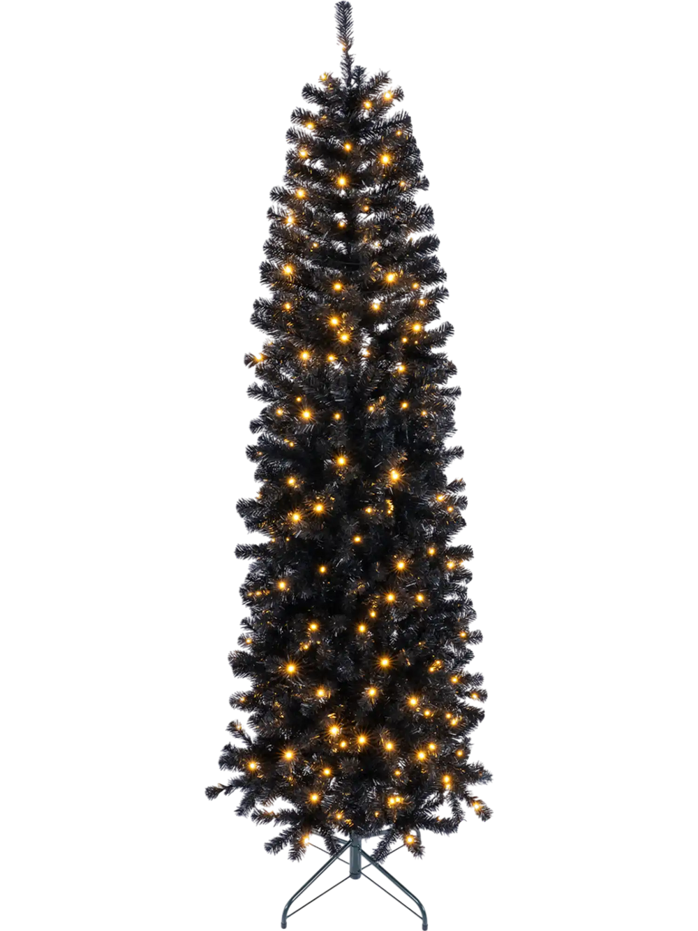 Slim pencil hinged Christmas tree with black leaves, 250 warm white LED lights, and 8 lighting modes for festive displays.
