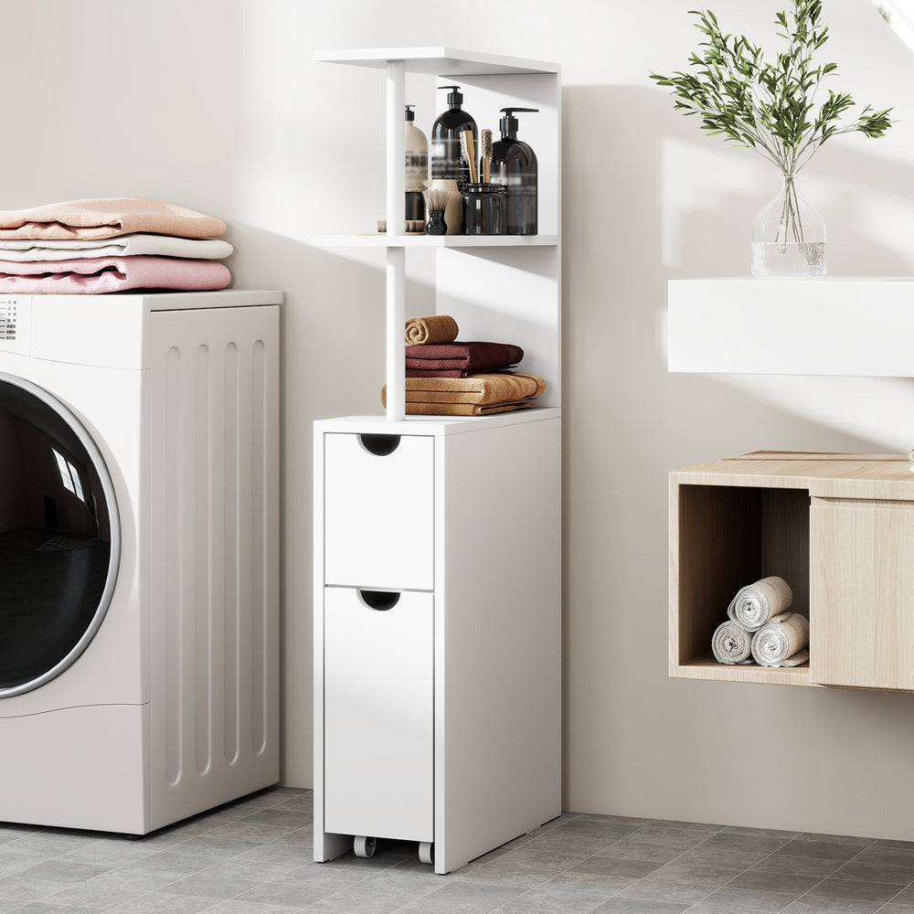 Slim white storage cabinet with open shelves and pull-out drawer, perfect for space-saving in bathrooms or kitchens.
