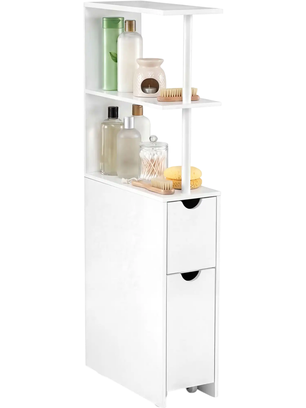 Slim white storage cabinet with 3 open shelves and 2 drawers, perfect for bathroom organization and space-saving.