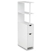 Slim white storage cabinet with two drawers and three open shelves, perfect for bathrooms or small spaces.