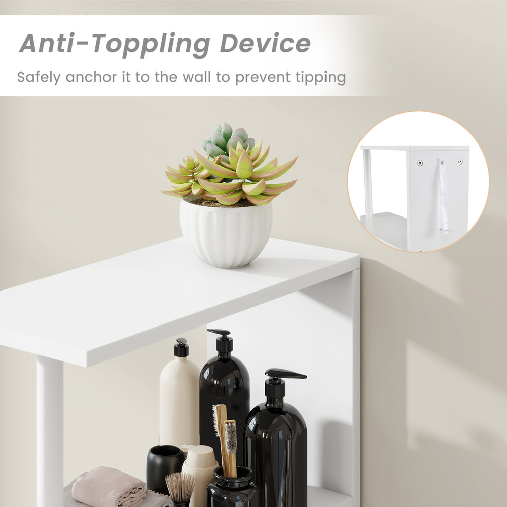Slim white freestanding bathroom cabinet with open shelves and anti-toppling device for added safety and stability.