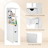 Slim white storage cabinet with open shelves, pull-out drawer, and anti-slip foot pads for bathroom or kitchen use.