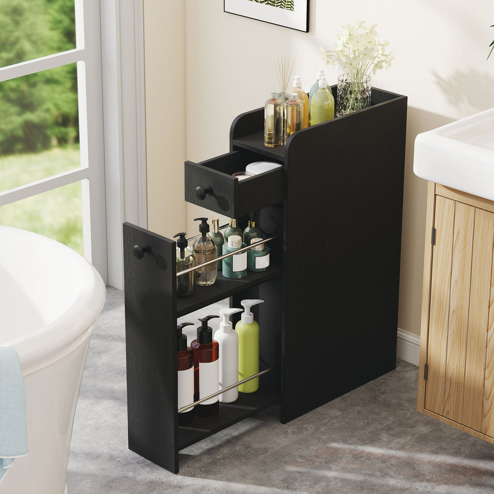 Small Bathroom Storage Cabinet 4-Tier with Slide Out Drawers on Casters-Black - Gallery View 1 of 10