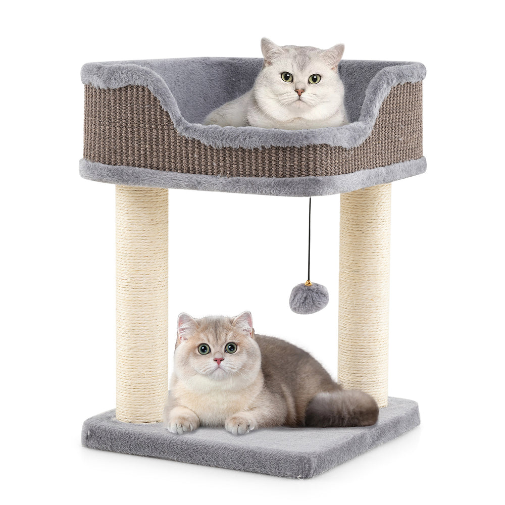 Small cat tree in gray with plush perch, sisal scratching posts, and interactive toy for indoor cats.