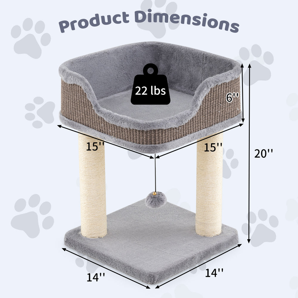 Small cat tree dimensions showing a comfy plush perch, sisal scratching posts, and stable base for indoor cats.
