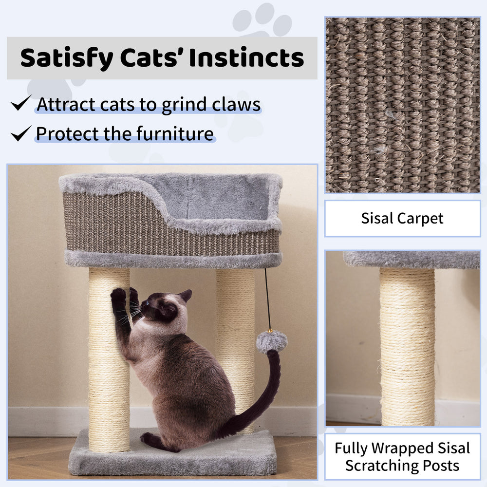Small cat tree with comfy plush perch and fully wrapped sisal scratching posts for indoor cats in gray.
