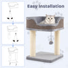 Small cat tree in gray with comfy plush perch, sisal scratching posts, and interactive toy for indoor cats.