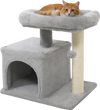 Small cat tree in light gray with large padded perch, condo, and sisal scratching post for indoor cats.