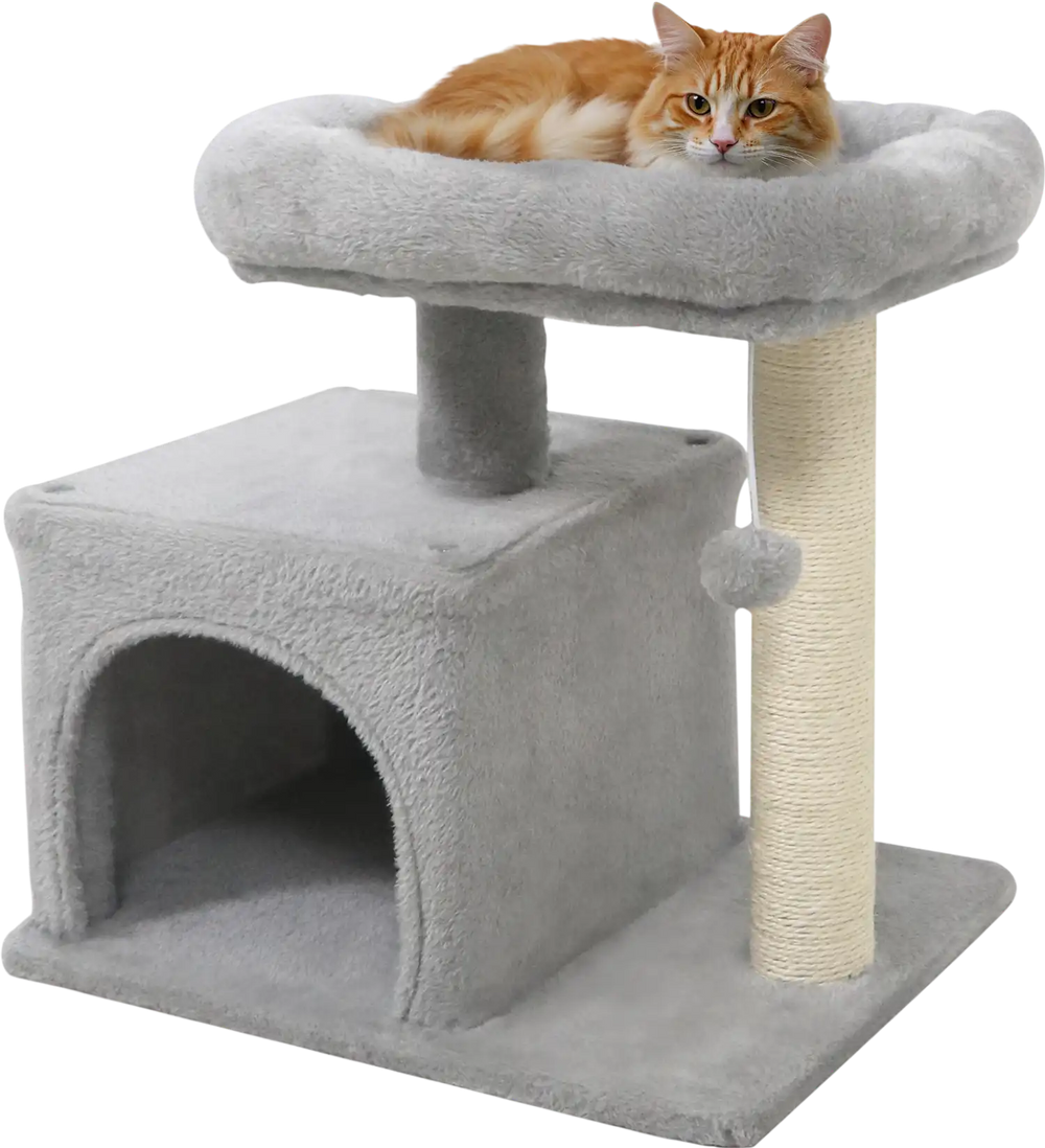 Small cat tree in light gray with large padded perch, condo, and sisal scratching post for indoor cats.