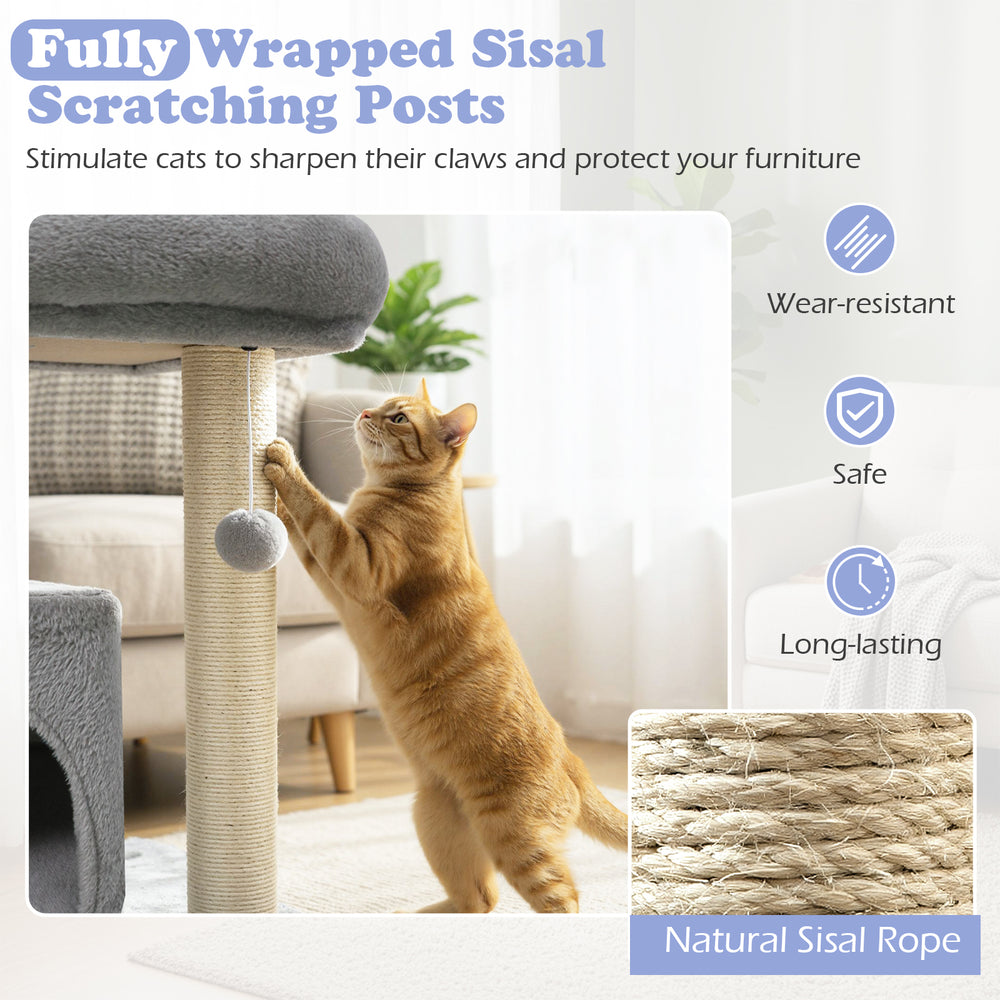 Small cat tree with large padded plush perch and sisal scratching post for indoor cats, promoting claw sharpening and.