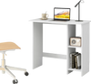 Small white computer desk with adjustable shelf and storage, ideal for space-saving in small apartments.