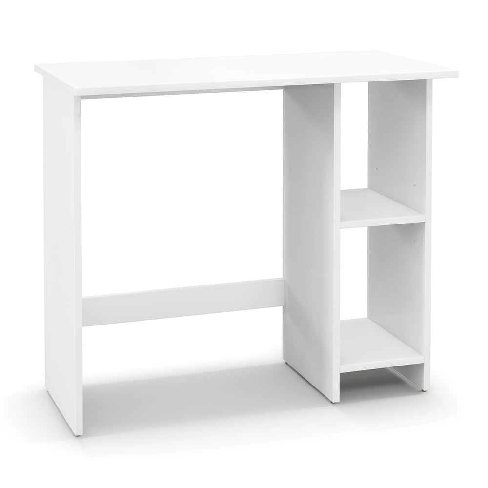 Small white computer desk with adjustable shelf, perfect for space-saving in small apartments and home offices.