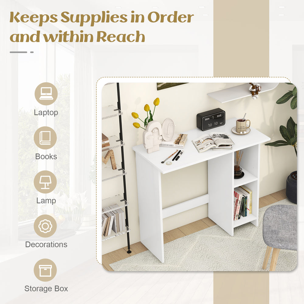 Small white computer desk with adjustable shelf, ideal for space-saving in small apartments and home office use.