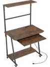 Small computer desk in rustic brown with charging station, LED lights, and wheels for easy mobility in compact spaces.