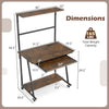 Small computer desk in rustic brown with charging station, LED lights, and wheels, featuring 4-tier storage and.