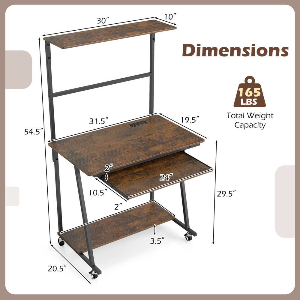 Small computer desk in rustic brown with charging station, LED lights, and wheels, featuring 4-tier storage and.