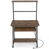 Small computer desk in rustic brown with charging station, LED lights, and four-tier storage for versatile workspace.