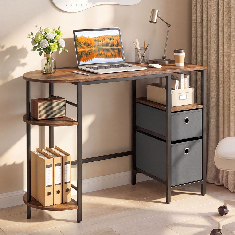 Half-moon side shelves of the rustic brown small computer desk provide stylish storage, enhancing your workspace organization.
