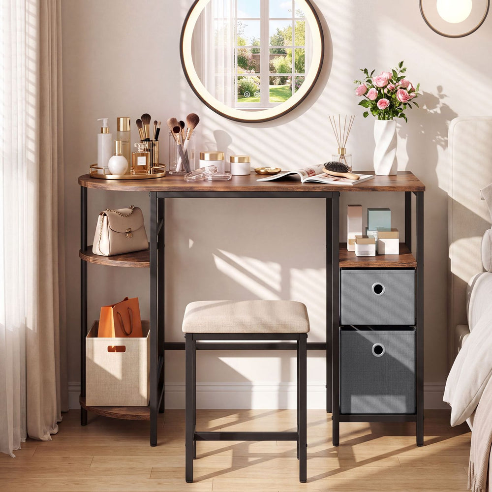 Small computer desk in rustic brown with a half-moon rack, offering stylish storage and a spacious tabletop for productivity.