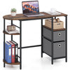 Small computer desk in rustic brown with half-moon side shelves and folding fabric drawers for organized workspace.