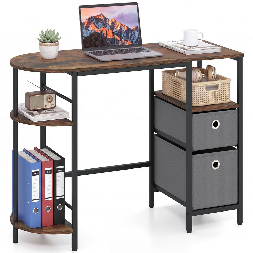 Small computer desk in rustic brown with half-moon side shelves and folding fabric drawers for organized workspace.