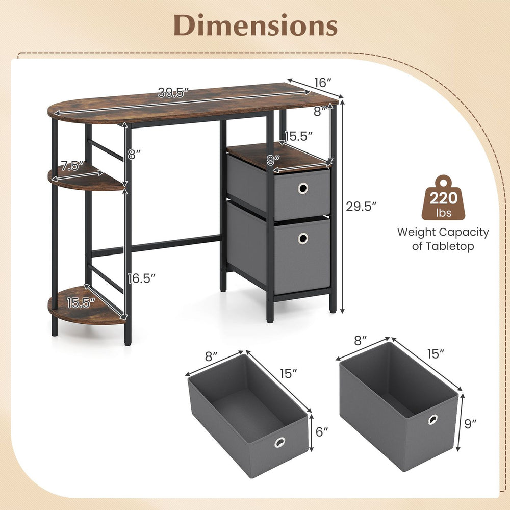 Dimensions of the small computer desk with half-moon side shelves and folding fabric drawers, showcasing its spacious design.
