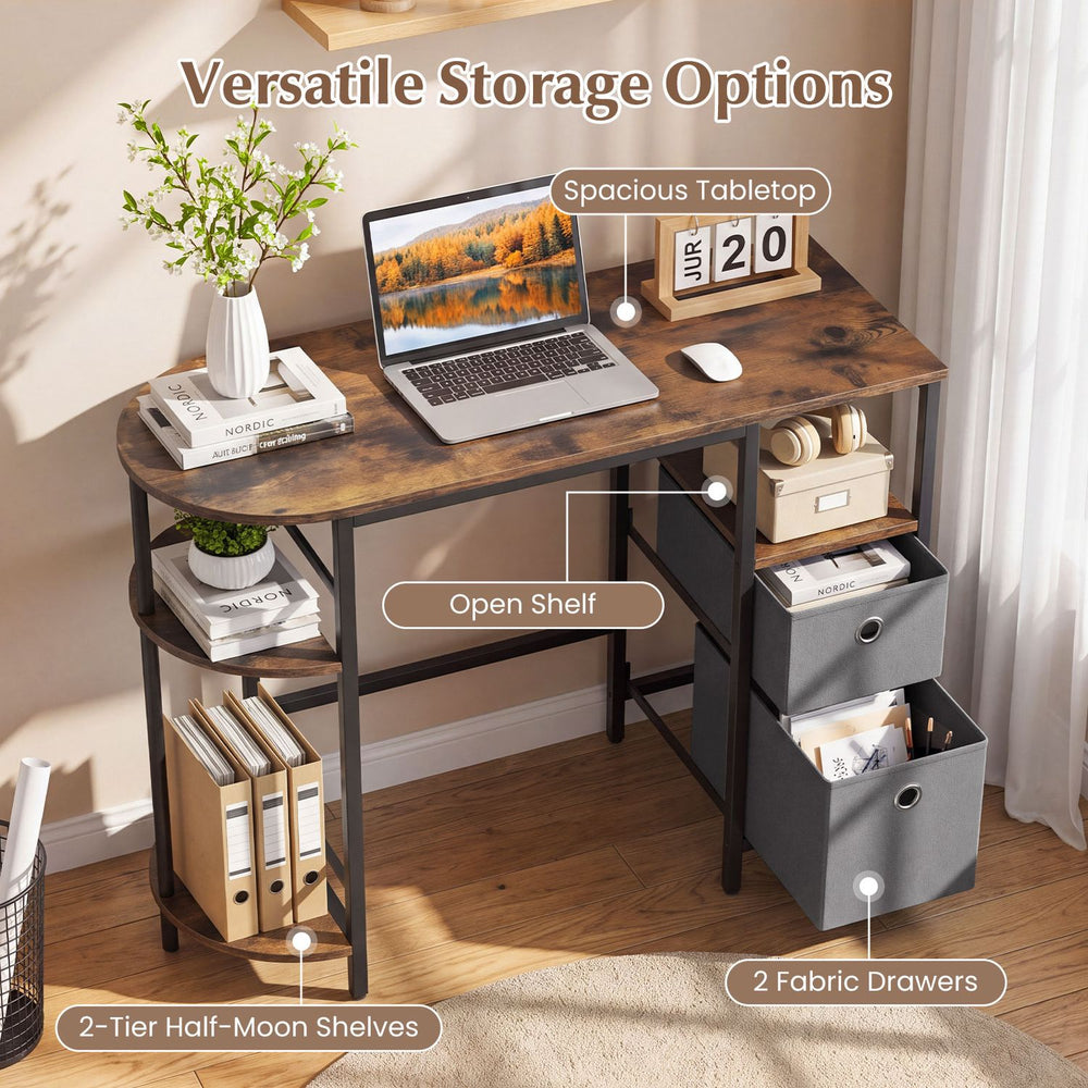 Small computer desk in rustic brown featuring a spacious tabletop, half-moon side shelves, and two fabric drawers for storage.