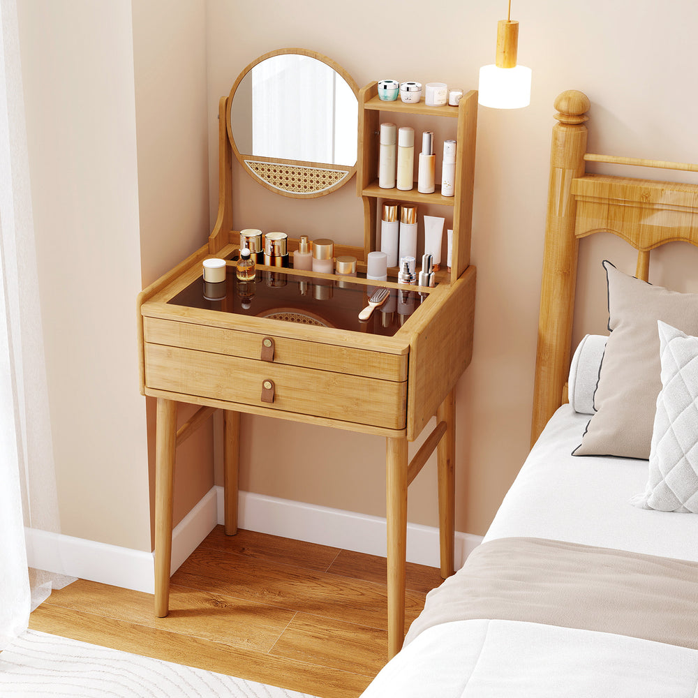 Compact 23.5-inch bamboo vanity desk with mirror, featuring 3 shelves and 2 drawers for efficient makeup storage.