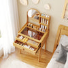 Compact 23.5-inch bamboo vanity desk with mirror, featuring glass top, 2 drawers, and large storage for makeup.