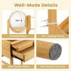 Rotatable mirror and metal drawer slides on a bamboo vanity desk with anti-scratch foot pads for small spaces.