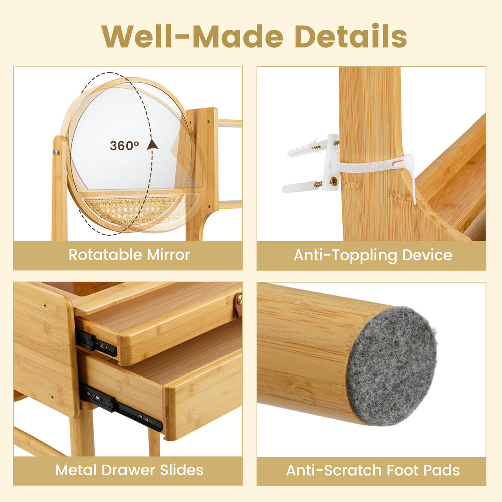 Rotatable mirror and metal drawer slides on a bamboo vanity desk with anti-scratch foot pads for small spaces.