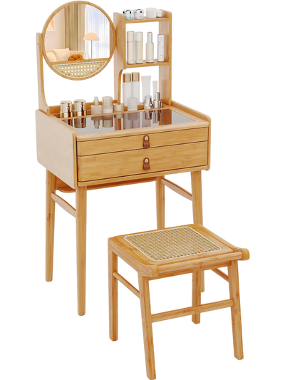 Costway Bamboo Makeup Vanity Desk Stool Mirror 2 Drawers 623185947 New