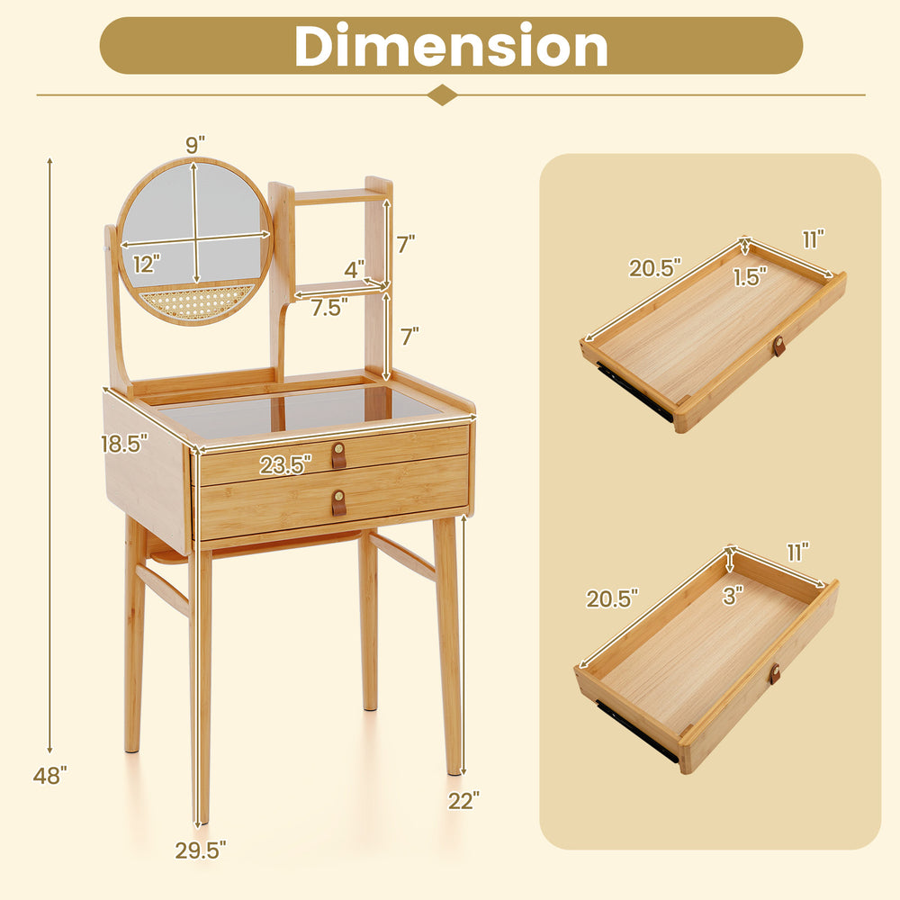 Small vanity desk with mirror, bamboo material, two drawers, and glass tabletop for compact bedroom spaces.