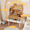 Cute kitty vanity desk with mirror, 3 shelves, 2 drawers, and power outlets for convenient makeup storage.