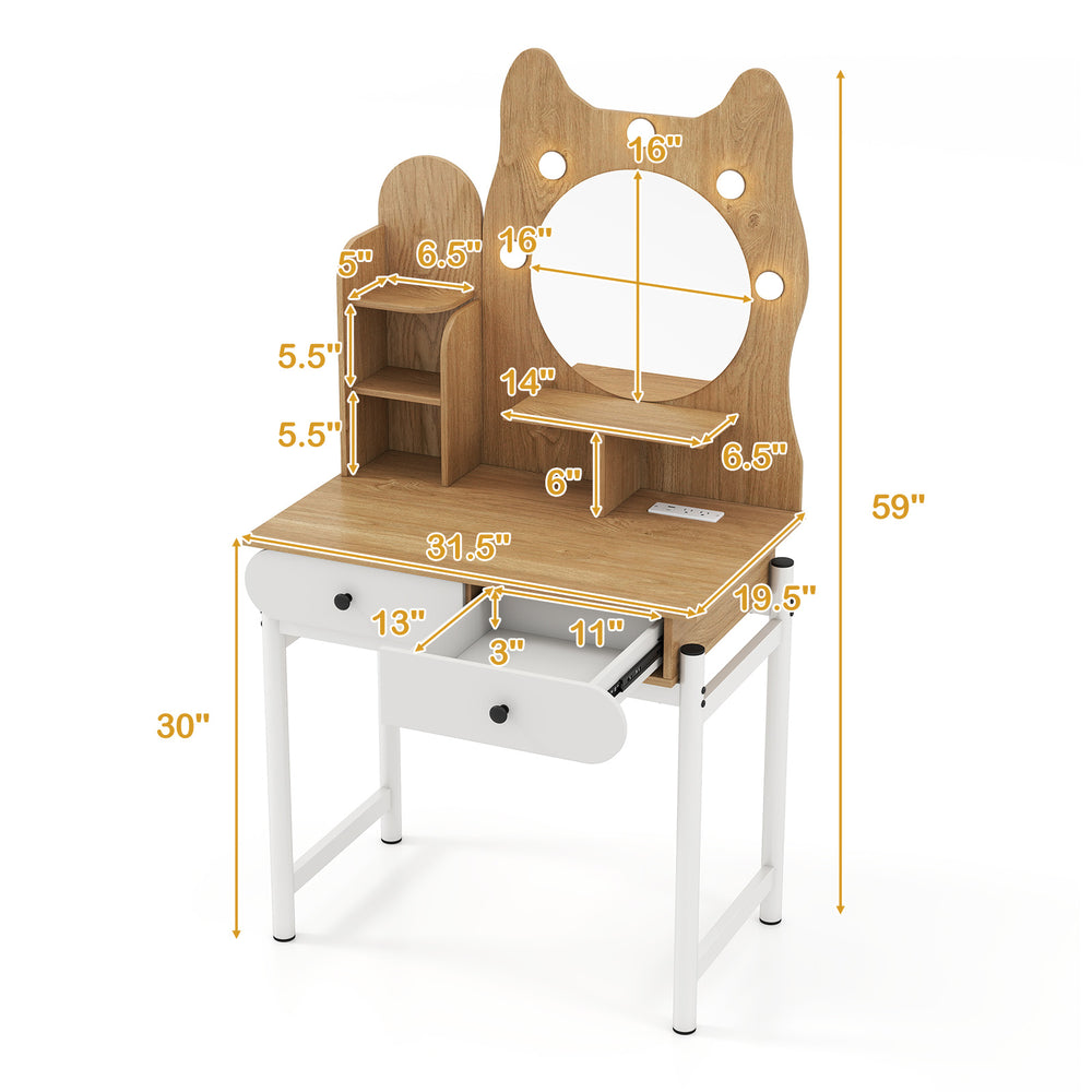 Small vanity desk with mirror and lights, featuring natural wood finish, 3 shelves, and 2 drawers for compact storage.