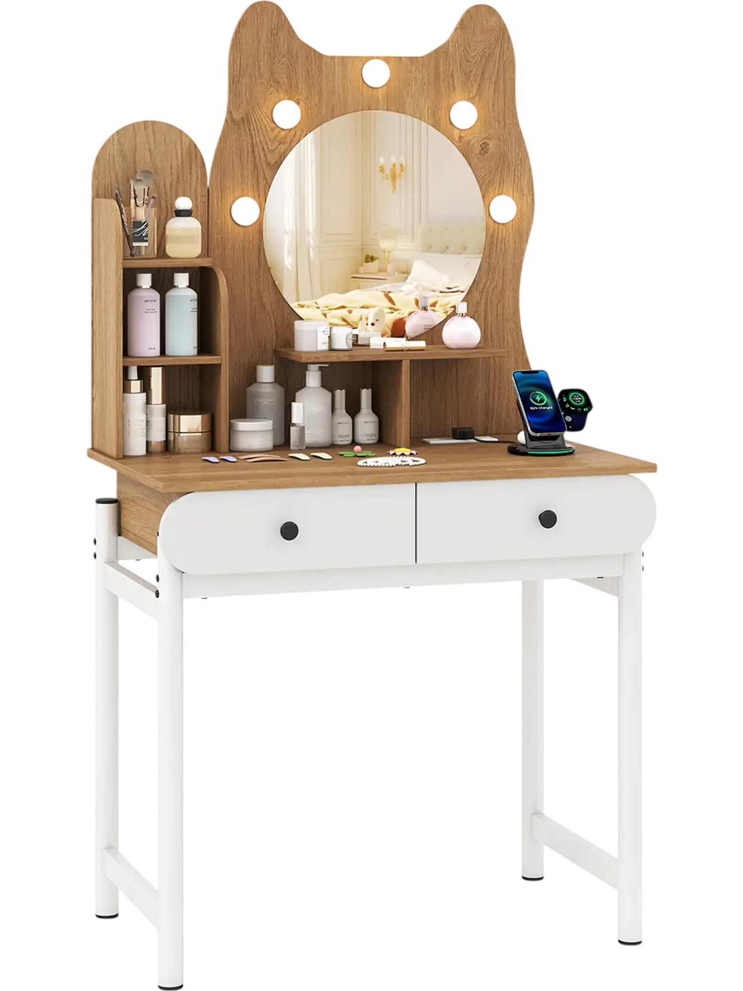 Costway Small Kitty Vanity Desk w/ Mirror Lights Power Outlets 62733373 New