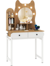 Cute kitty makeup table featuring a mirror, lights, and storage with power outlets, perfect for small spaces.