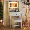 Small white vanity desk with mirror and lights, featuring two drawers and cushioned stool, perfect for compact bedrooms.