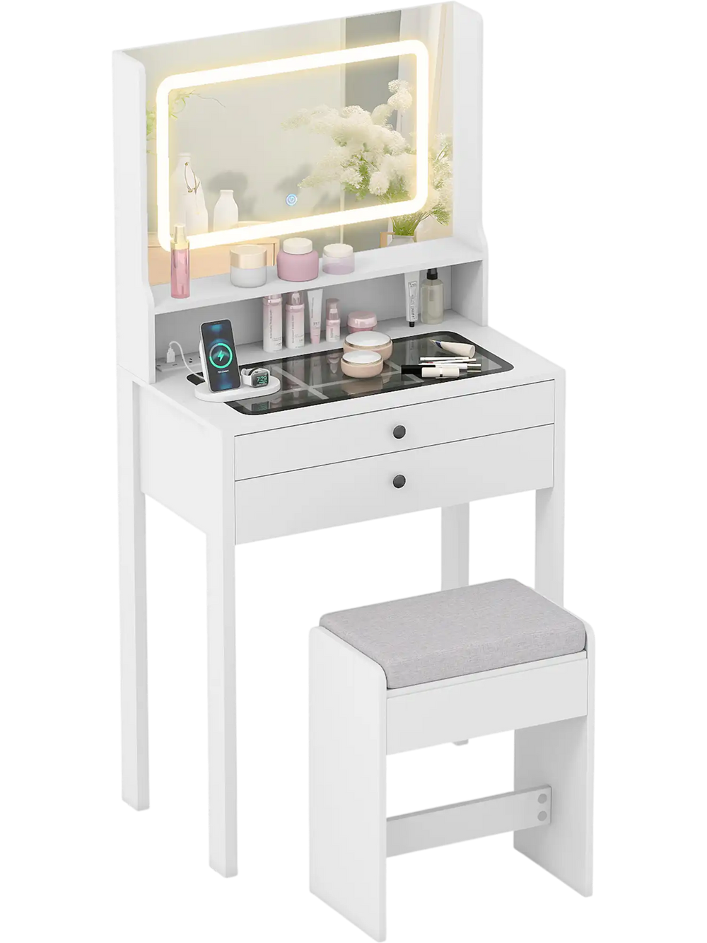 Small white vanity desk with mirror and lights, featuring 2 drawers and cushioned stool for organized beauty routines.