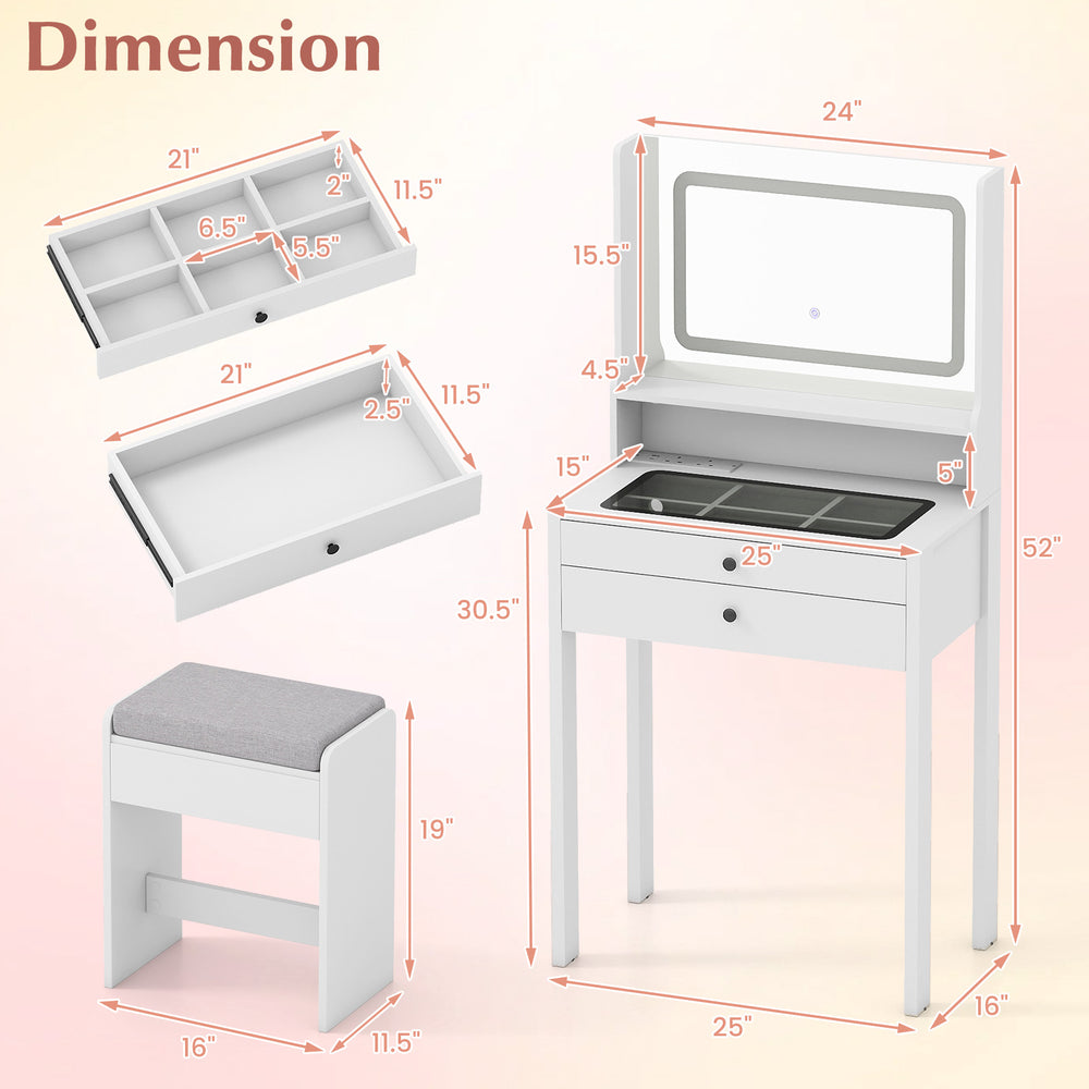 Small white vanity desk with mirror, lights, and cushioned stool, featuring organized storage and sleek glass top.