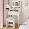 Small white vanity desk with mirror and lights, featuring 3 lighting modes, 2 drawers, and a cushioned stool for.