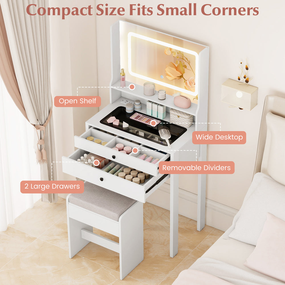 Small vanity desk with mirror and lights, featuring a sleek glass top, open shelf, and two large drawers for organized.