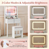 Small white vanity desk with mirror and lights, featuring 3 color modes and adjustable brightness for bedroom use.