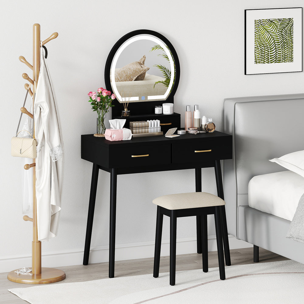 Small Vanity Makeup Dressing Table Set with Cushioned Stool and LED Lighted Mirror-Black - Gallery View 1 of 9
